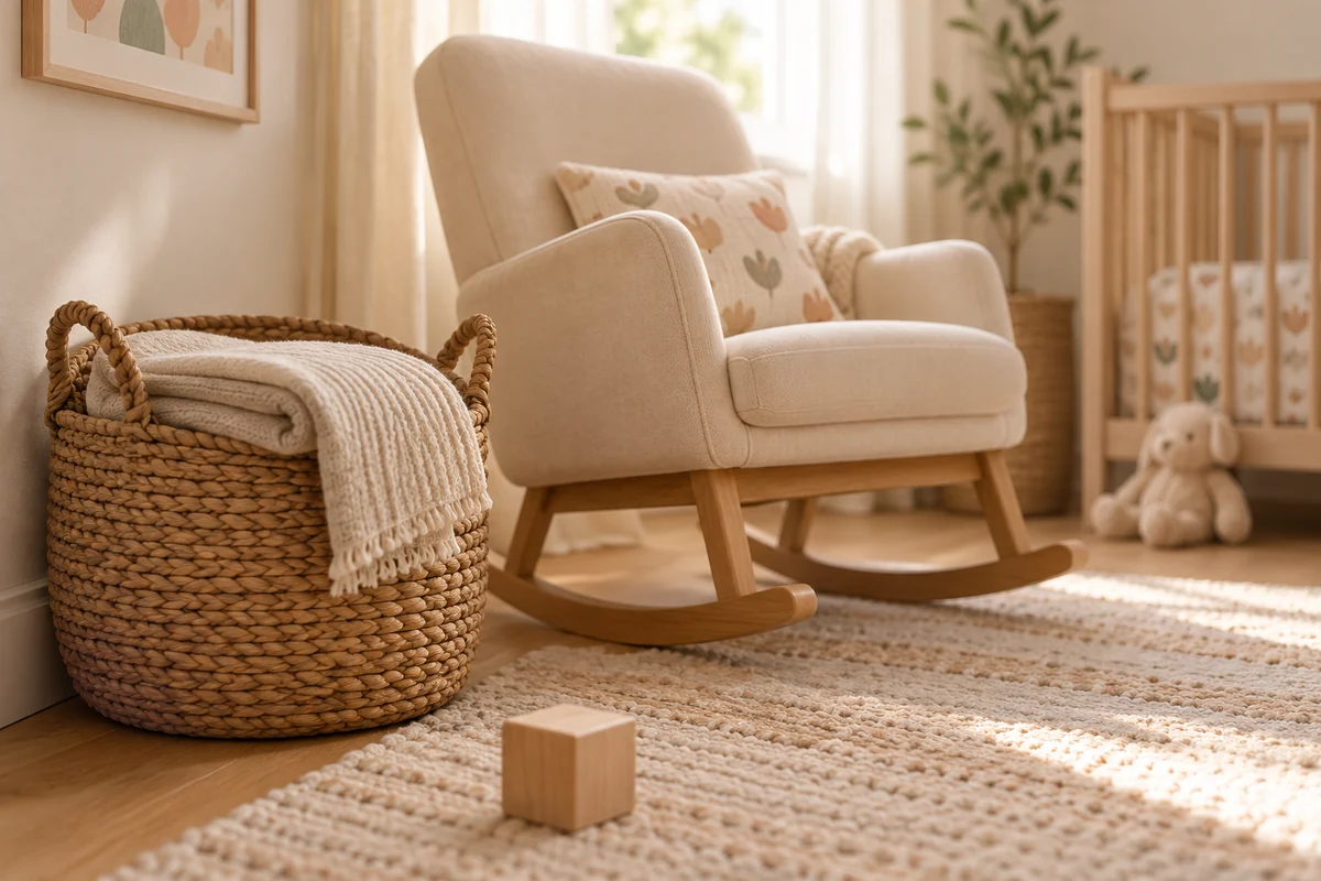 A small folded blanket in a basket beside a nursery chair and a plain toy
