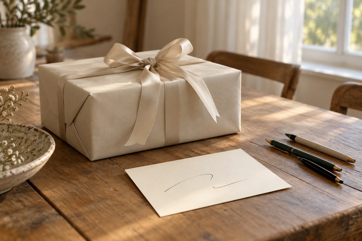A cream-wrapped gift box, a card and a pen on a long table.