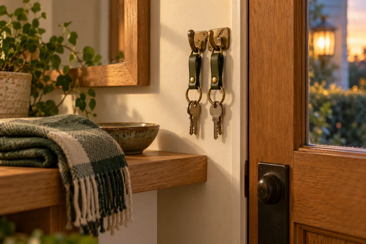 Two key fobs with keys hanging from hooks by a front door, with a plaid throw on a shelf.