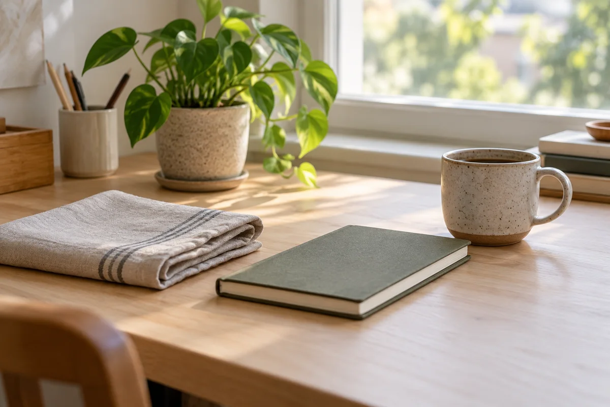 A folded cloth, a notebook and a mug arranged on a desk with a small plant.