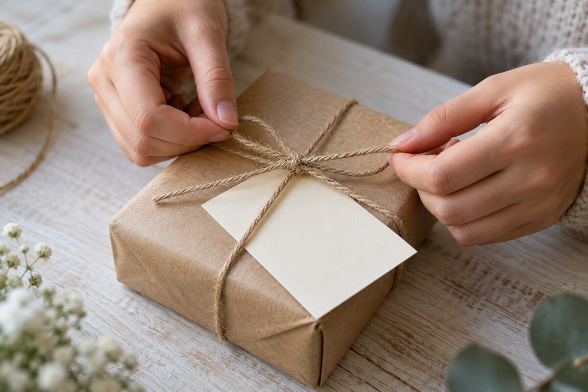 A hand tying twine around a small parcel with a cream card tucked under the knot