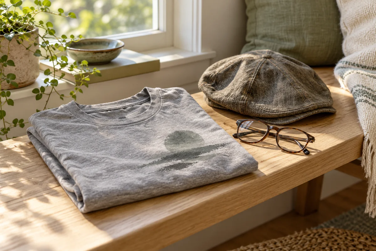 A folded soft grey tee, a flat cap and a pair of reading glasses on a bench.