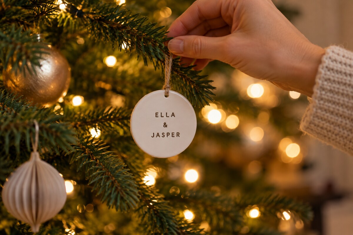 A hand hanging a round white ornament with twine on a fir branch beside warm lights.