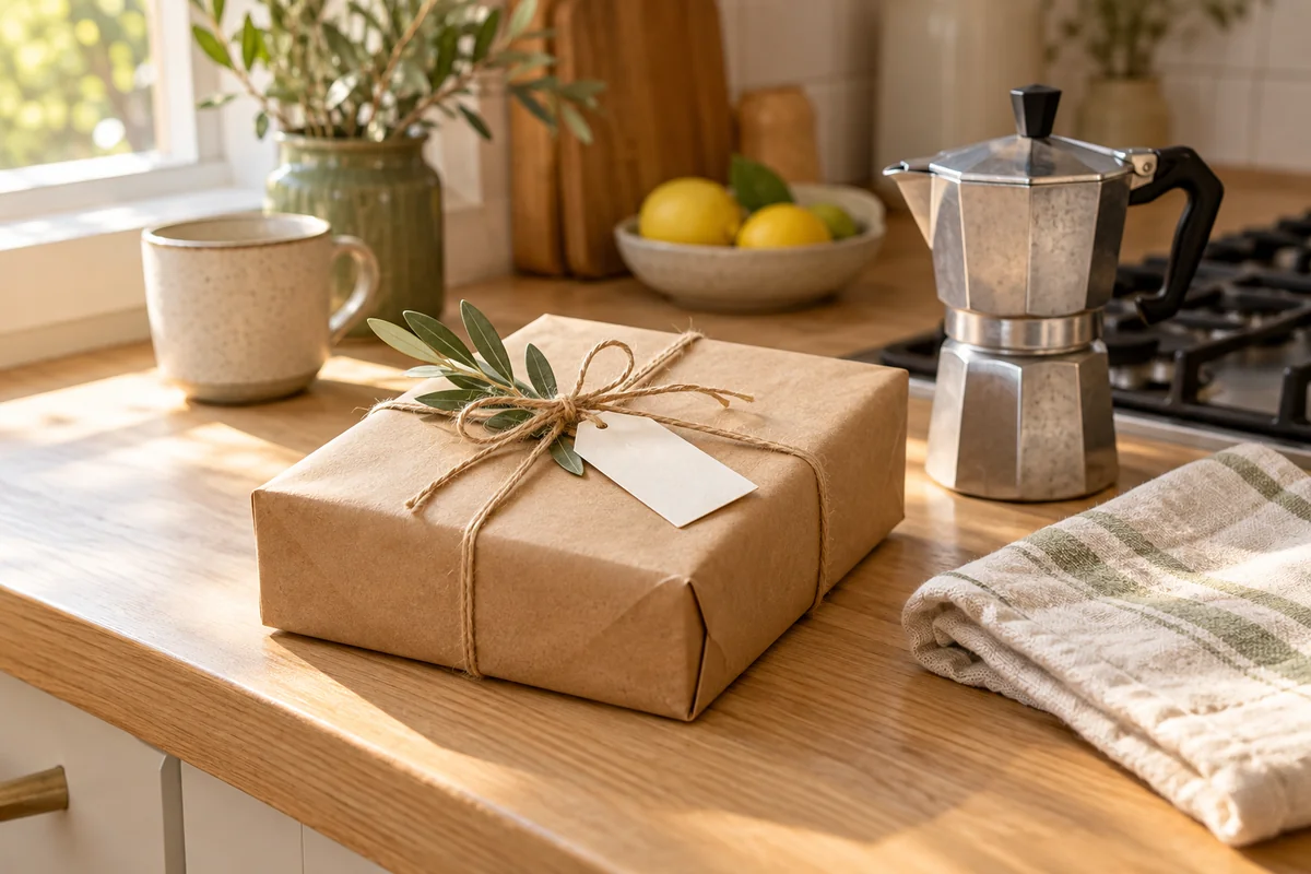 A plainly wrapped gift with twine on a kitchen counter beside a coffee pot.