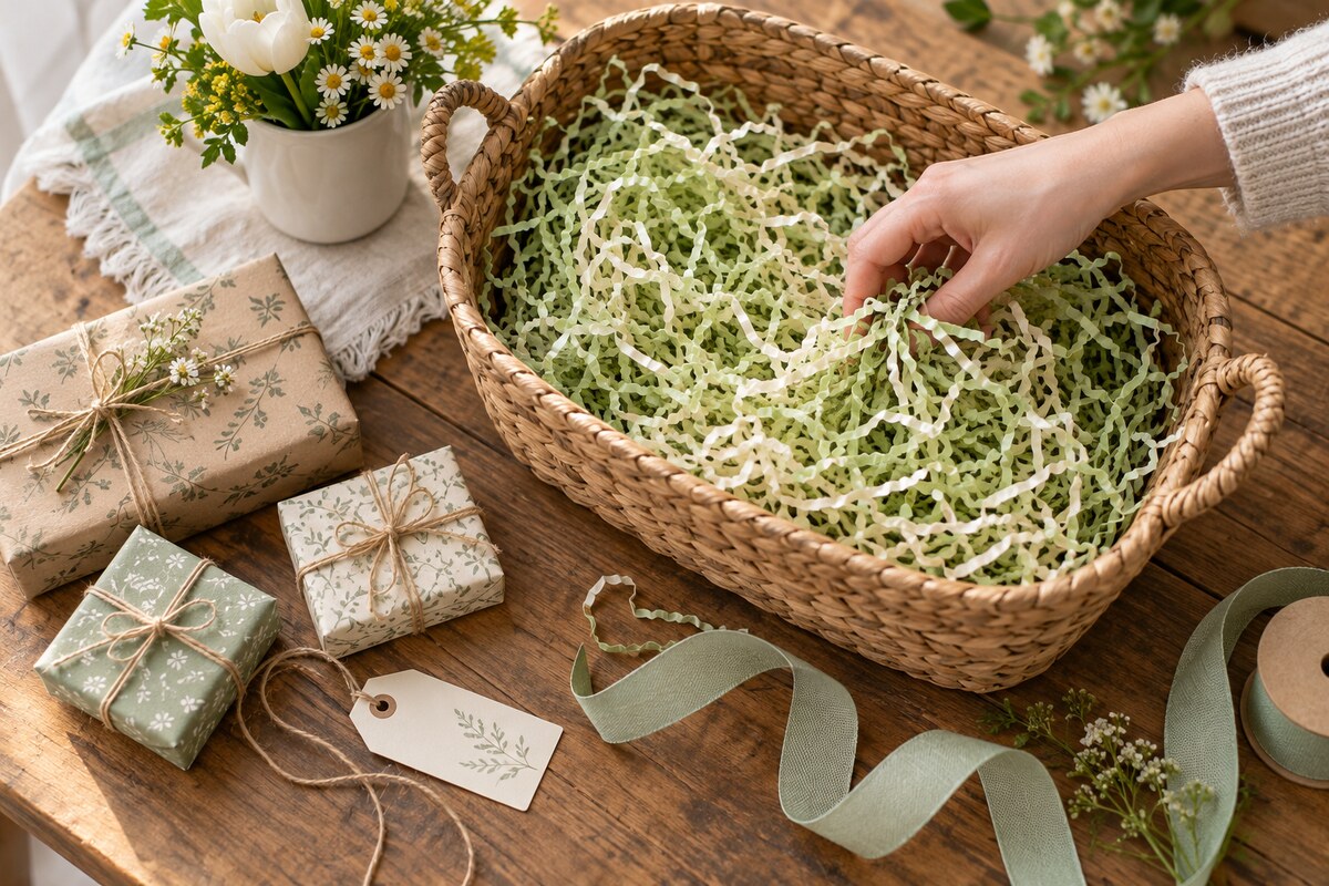 A hand arranging soft paper grass in an empty woven basket on a table beside a few small gifts
