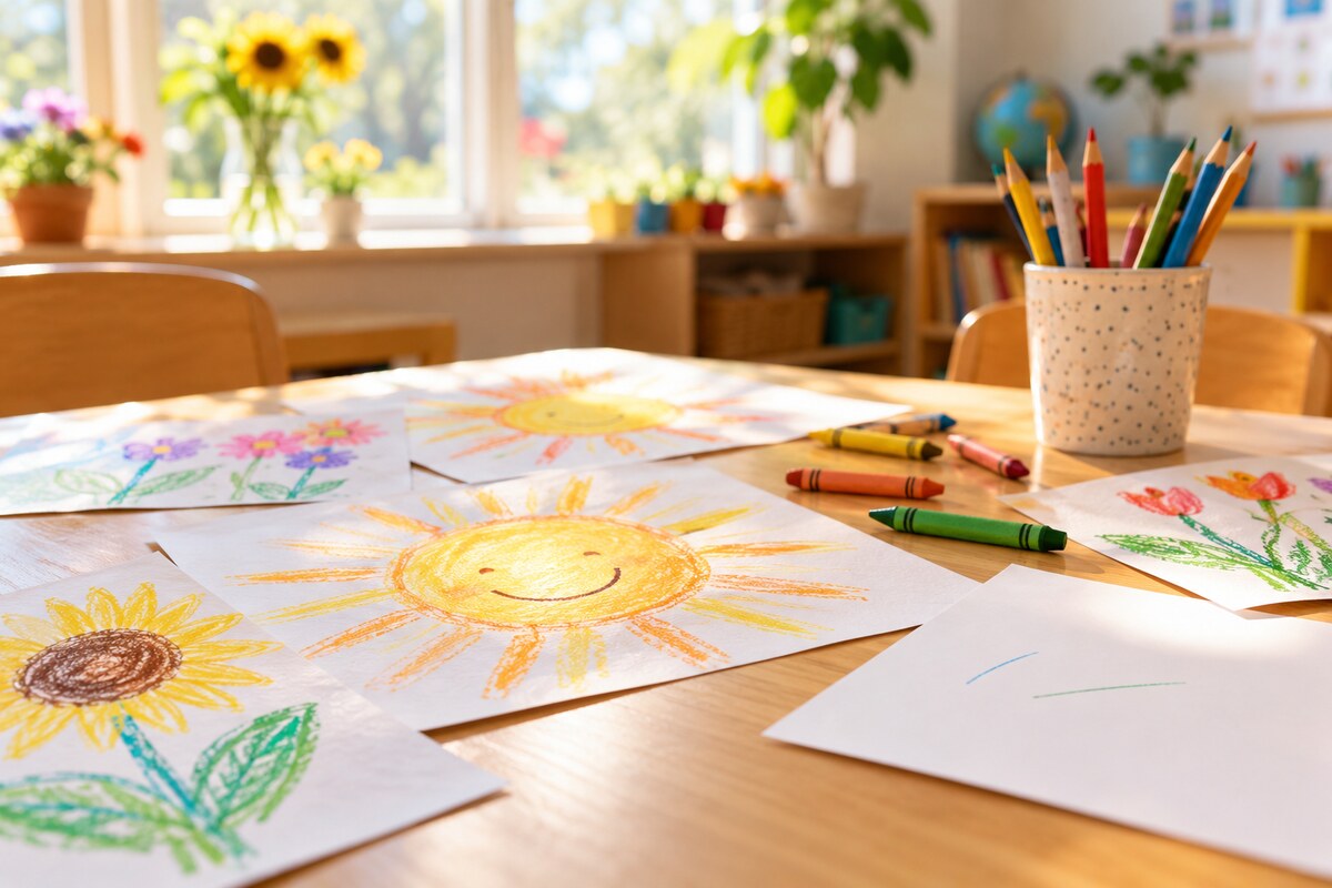 Children's colorful drawings and crayons spread on a classroom table