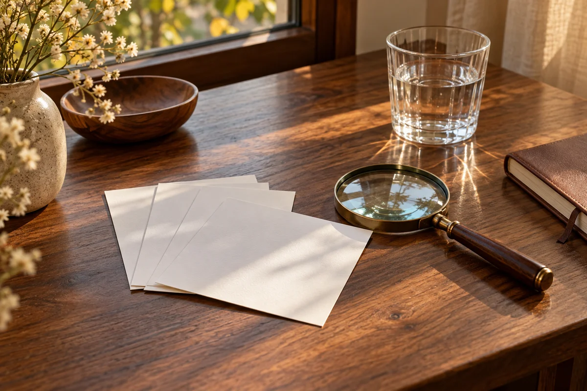 A loose stack of plain white photo cards and a magnifying glass on a table beside a window.