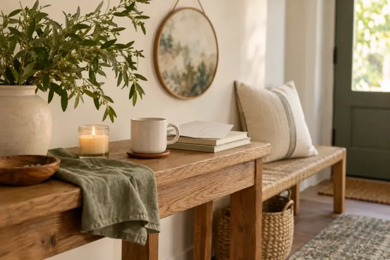 A mug, a candle and stacked books on a hall table beside a bench with a striped pillow.