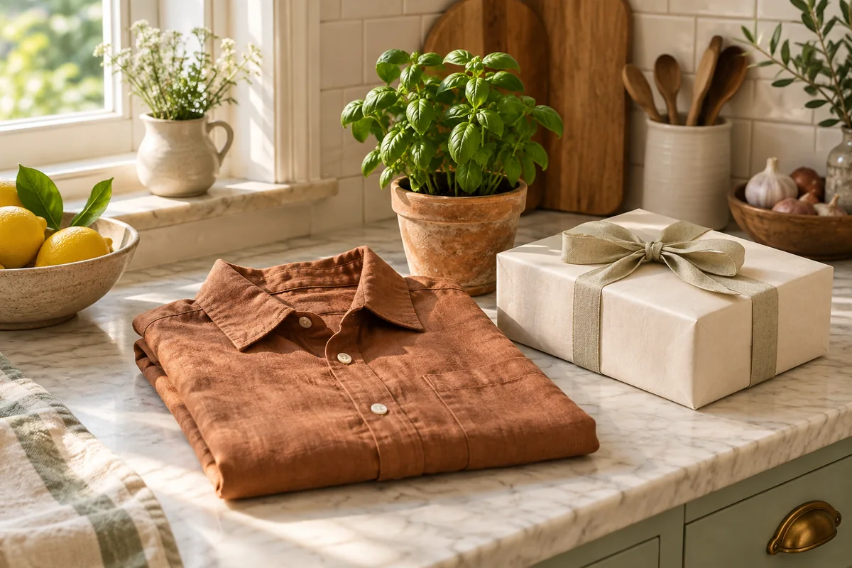 A folded shirt, a small pot of herbs and a pale gift box on a bright kitchen counter.