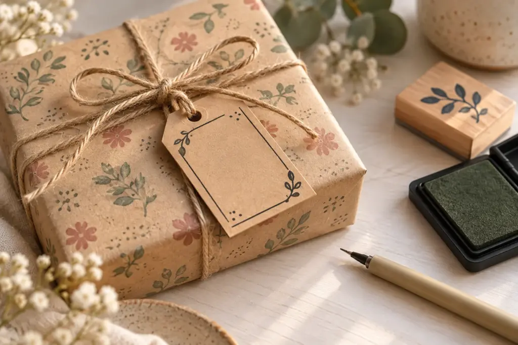 A hand-lettered paper tag on twine beside a small wrapped box and a pen on a desk