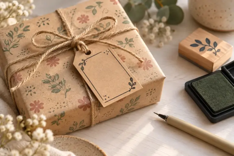 A hand-lettered paper tag on twine beside a small wrapped box and a pen on a desk