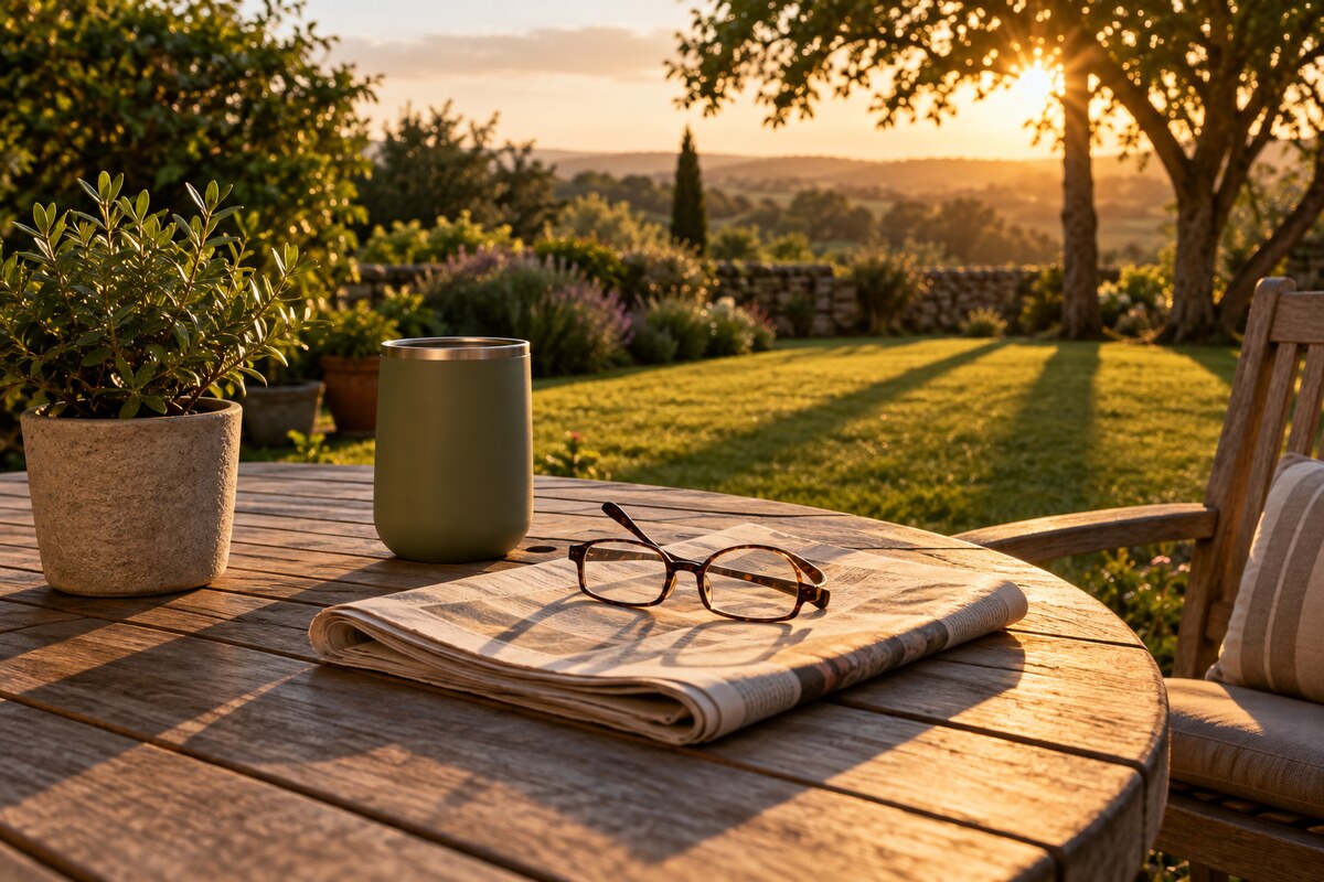 A father's reading glasses, a folded newspaper and a tumbler on a garden table