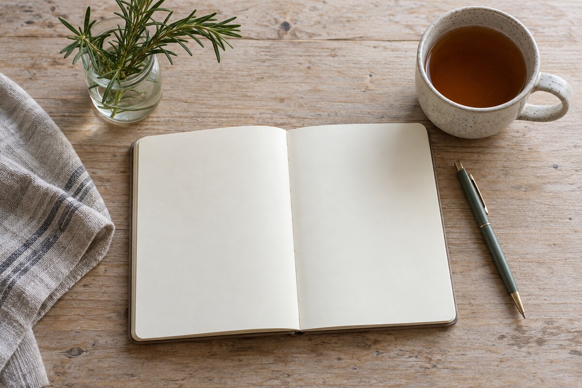 A blank notebook and a mug on a table with morning light