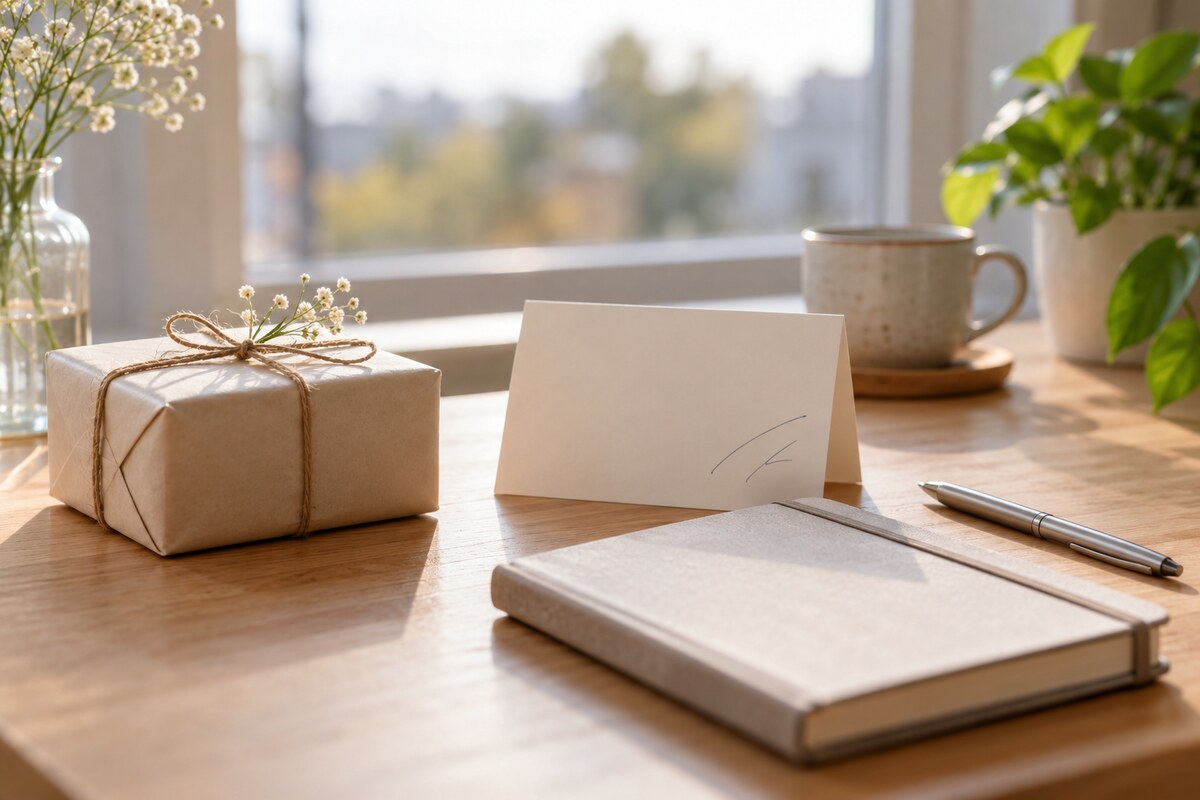 A wrapped gift and a blank card on a clean desk next to a closed notebook