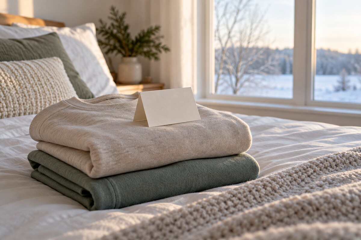 Two folded sweatshirts in beige and green with a blank card on a bed by a snowy window.