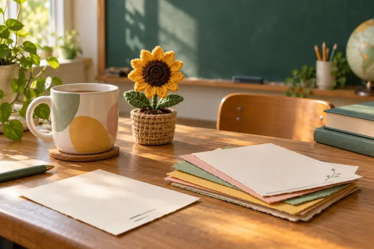 A teacher's desk with a mug, a crocheted sunflower in a pot and a stack of small handmade cards.