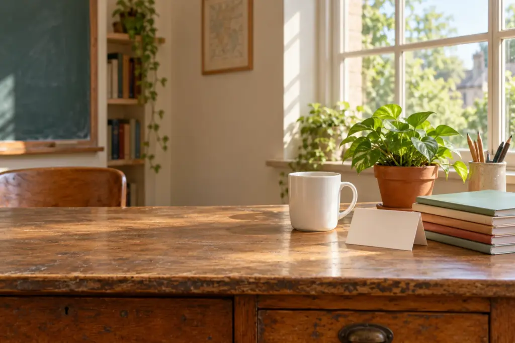 A plain mug and a folded note beside a small potted plant on a classroom-style desk.