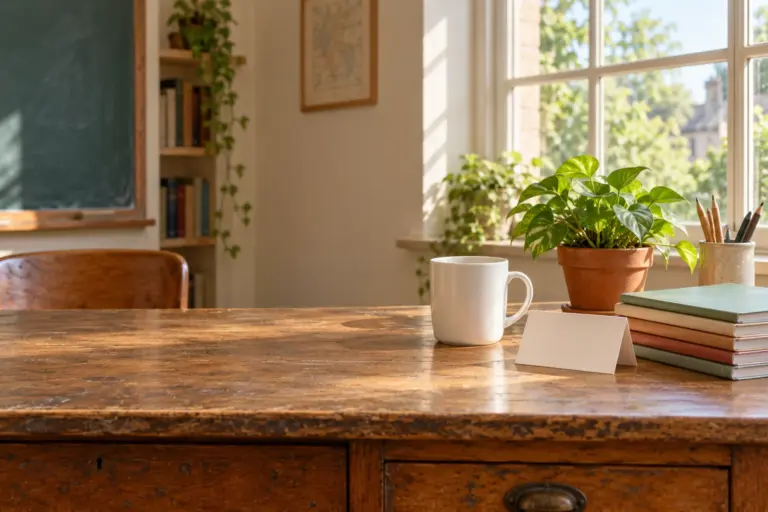 A plain mug and a folded note beside a small potted plant on a classroom-style desk.