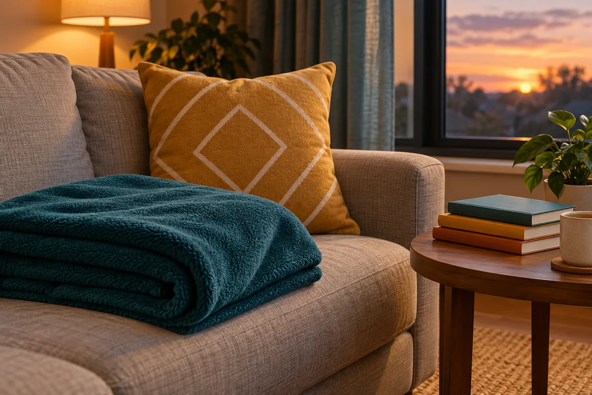 A folded fleece throw and a cushion on a sofa beside a window