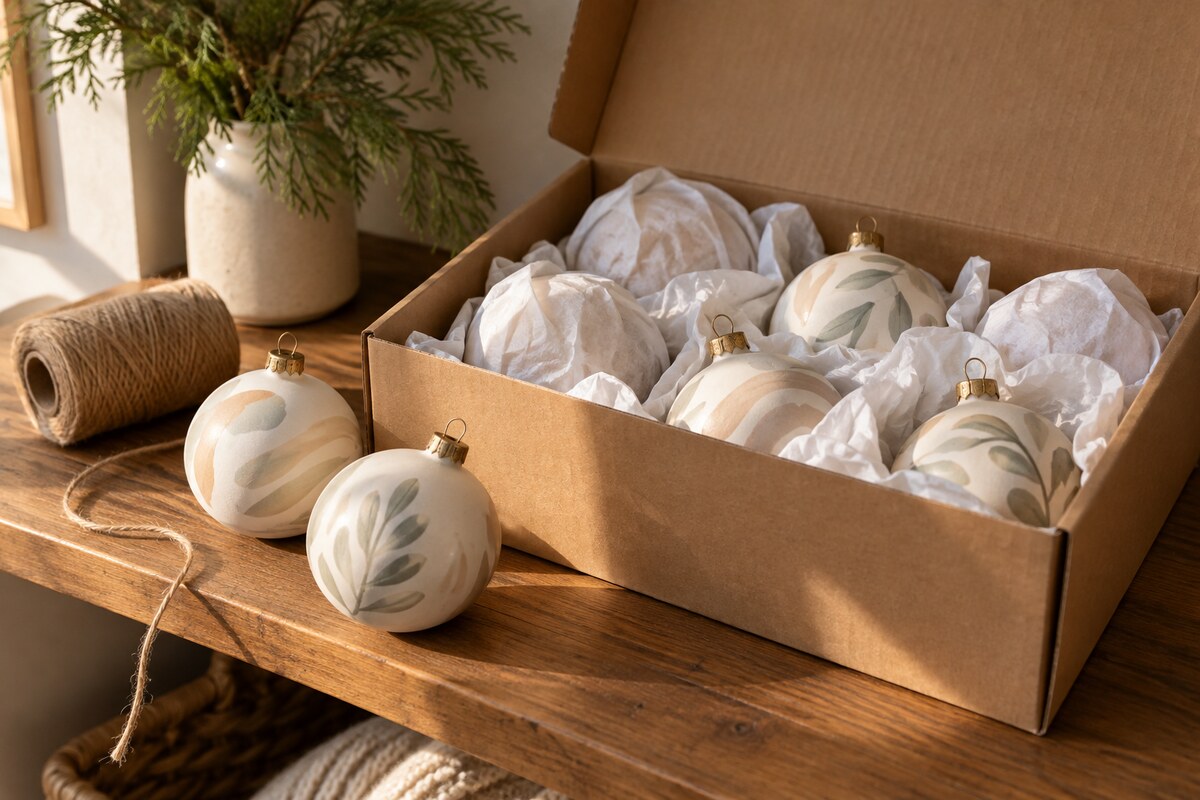 An open cardboard box of ornaments in tissue paper on a shelf beside a spool of twine.