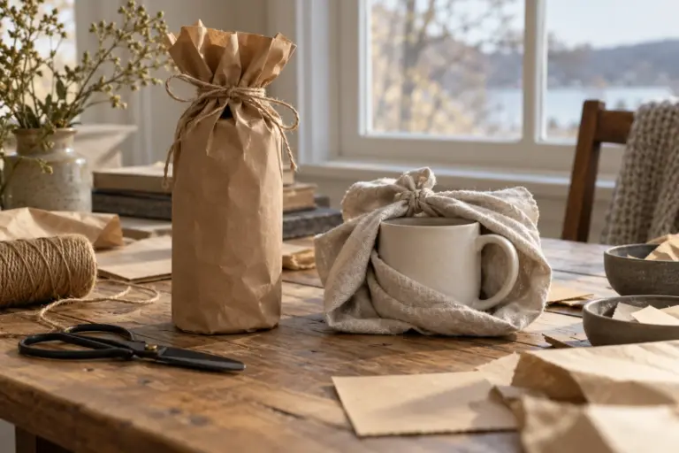 A tall tumbler and a round mug gathered in paper and twine on a worktable.
