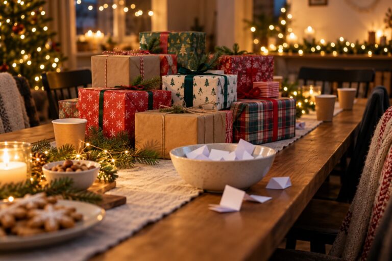 A pile of wrapped gifts in mismatched paper on a table at a holiday party.