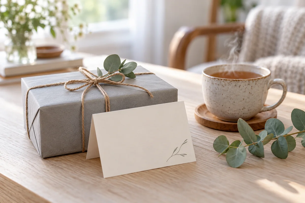 A wrapped box tied with twine and a blank card on a table beside a cup of tea.
