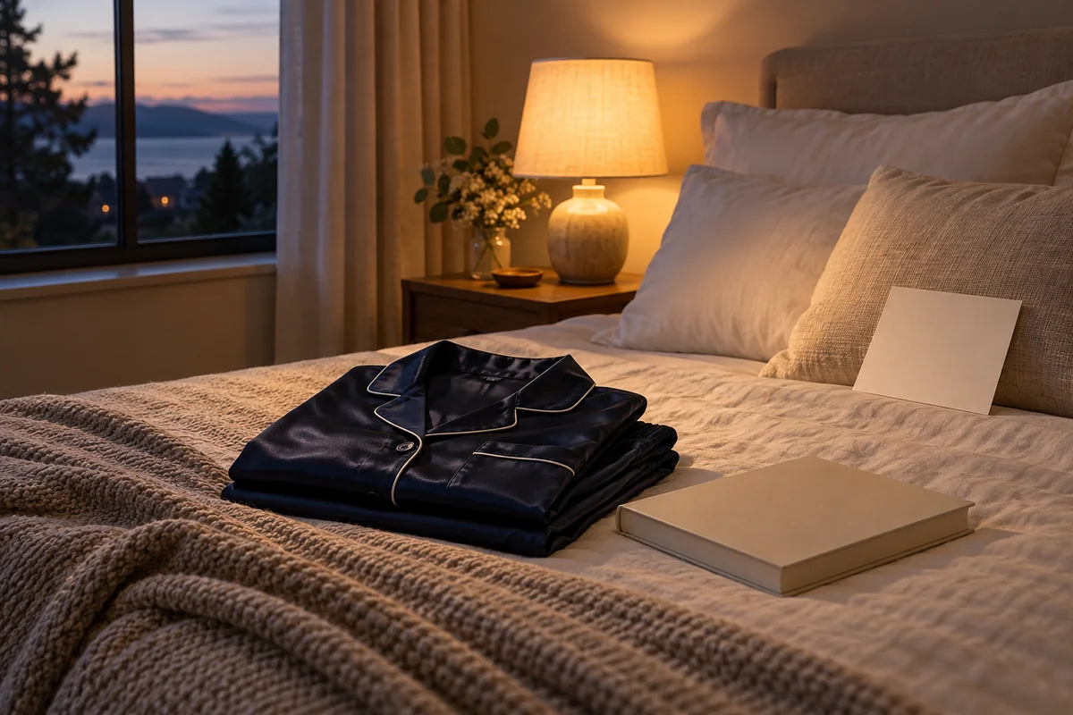Folded pajamas on a bed beside a closed picture book and a small bedside lamp.