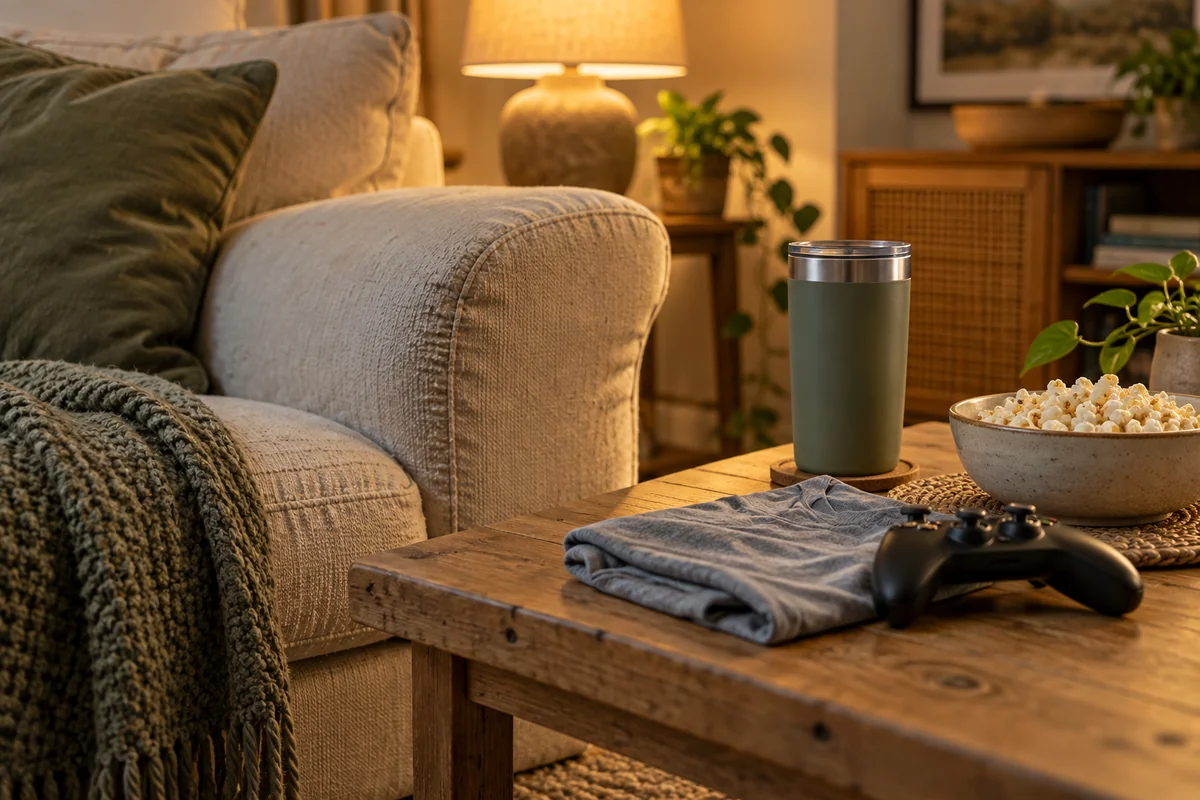 A tumbler and a folded tee on a sofa arm beside a game controller and a bowl of snacks.