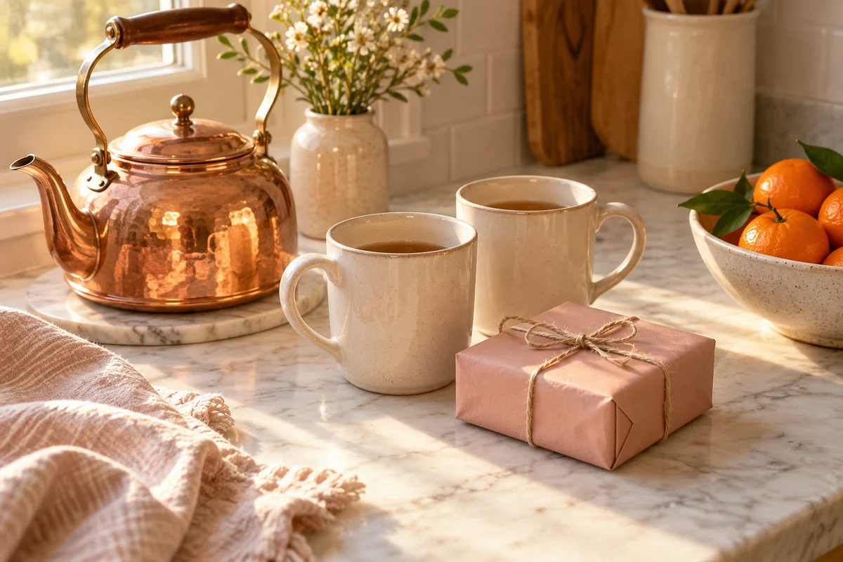 Two plain mugs and a wrapped gift on a kitchen counter next to a kettle.