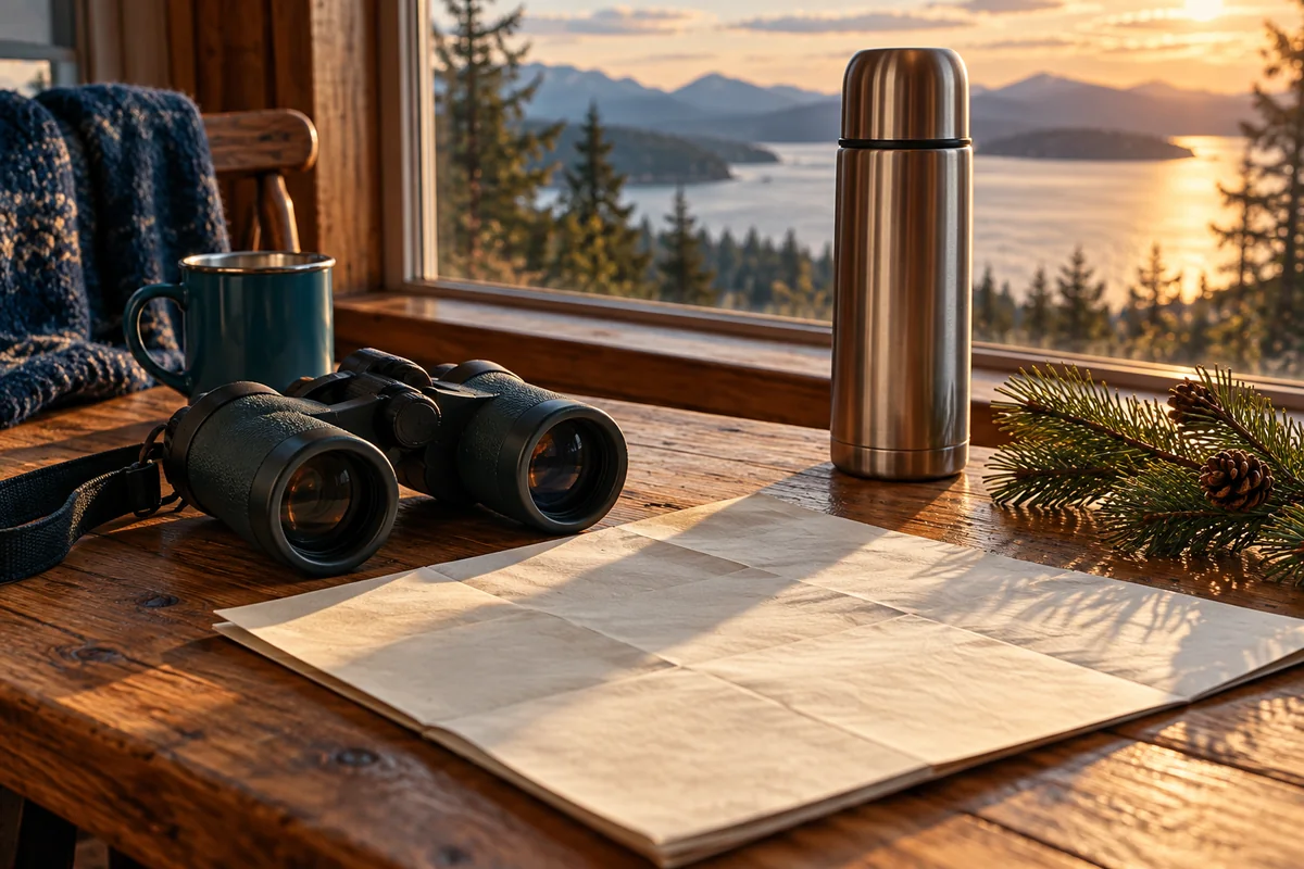 A pair of binoculars, a trail map folded flat and a thermos on a wooden table.