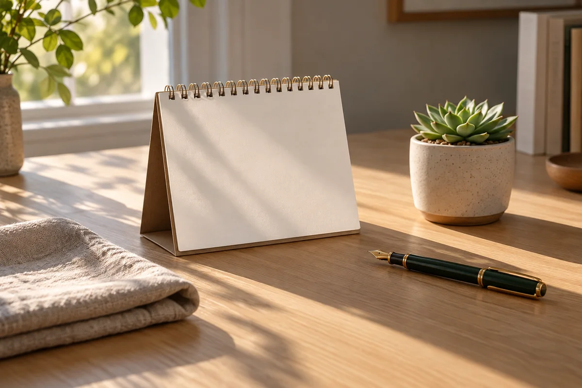 A calendar page turned to a blank month beside a pen and a small plant on a desk.
