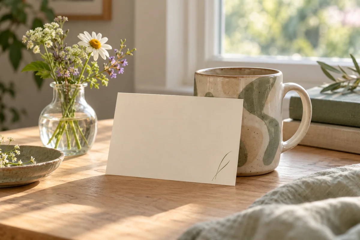 A blank card and a mug on a table with a window in the background.