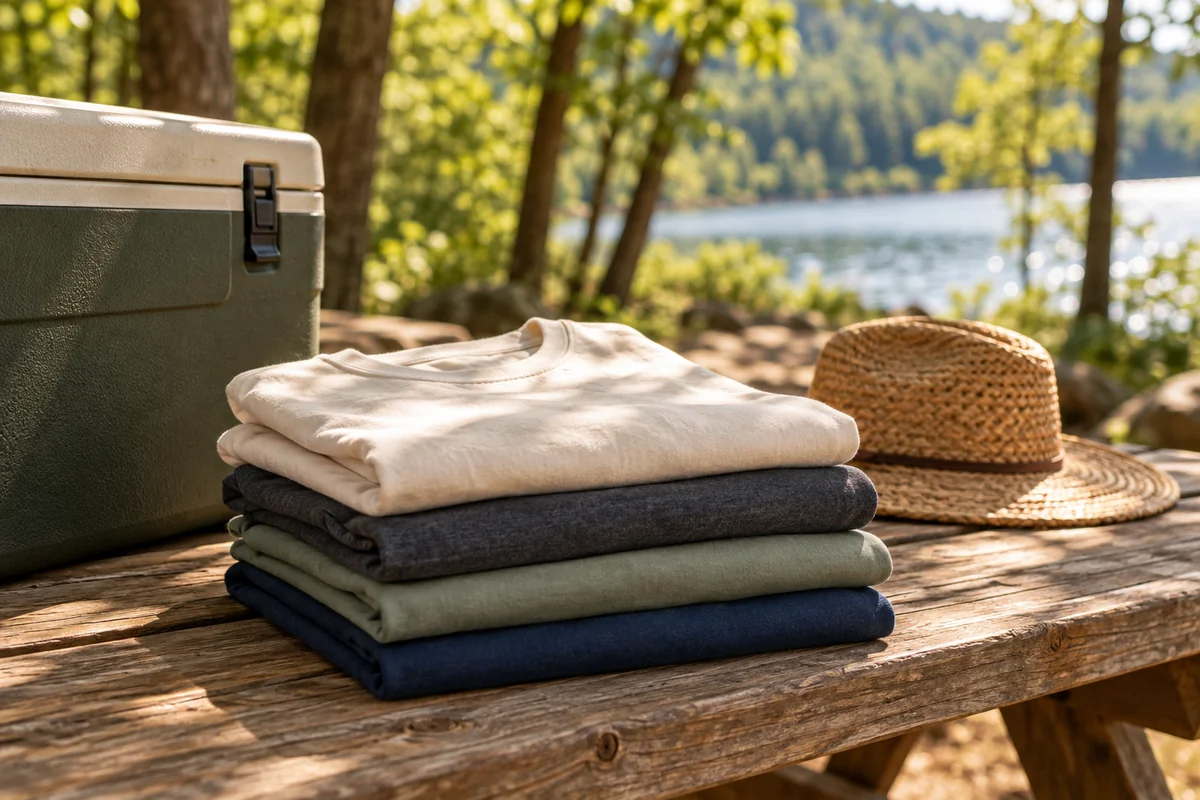 A group of folded matching tees in different colors stacked on a picnic bench.