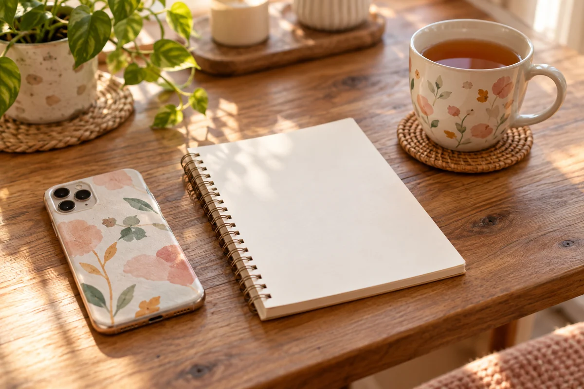 A phone lying face down beside a notepad and a mug on a table