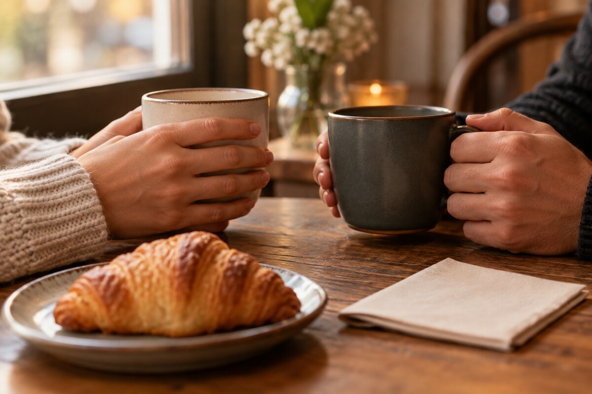 Two pairs of hands holding a cream mug and a dark mug at a cafe table with a croissant.