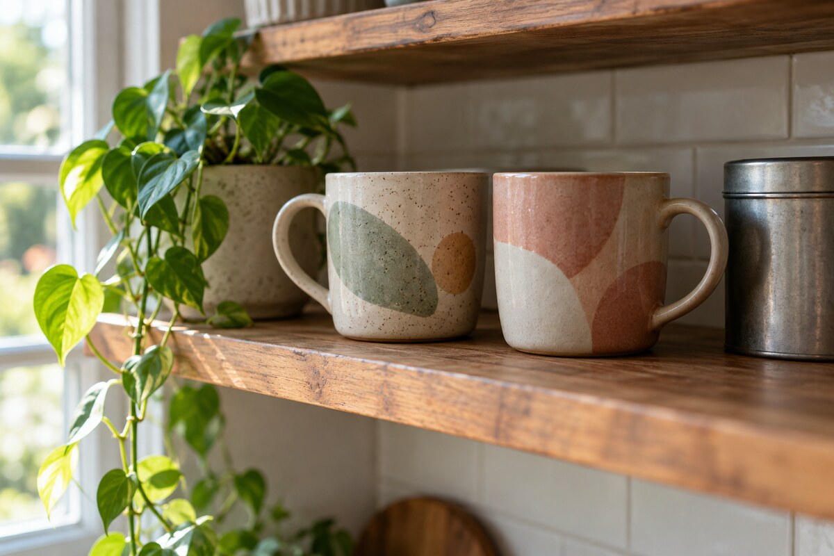 Two mugs on a narrow kitchen shelf next to a small plant and a tea tin