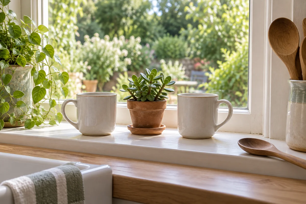 Two plain mugs on a kitchen windowsill with a small plant between them.
