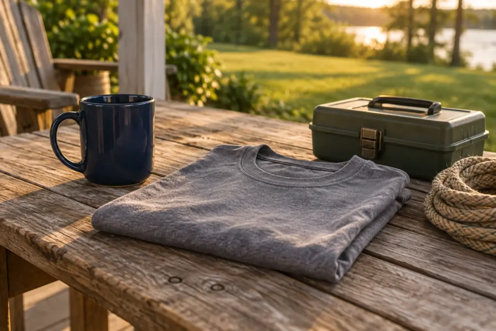 A plain mug, a folded gray tee and a tackle box on a weathered porch table.