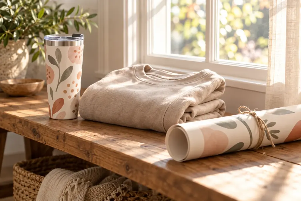 A tumbler, a folded sweatshirt and a rolled poster arranged on a bench by a window