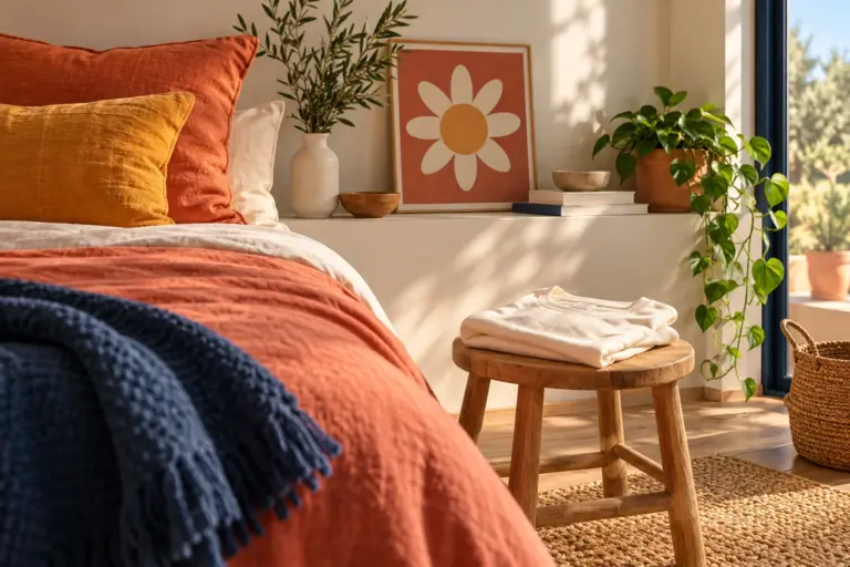 A pillow, a canvas and a folded T-shirt arranged in a bright bedroom corner.