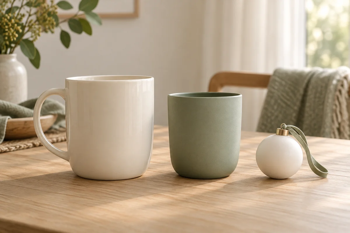 A plain mug, a plain tumbler and a plain ornament in a row on a table.