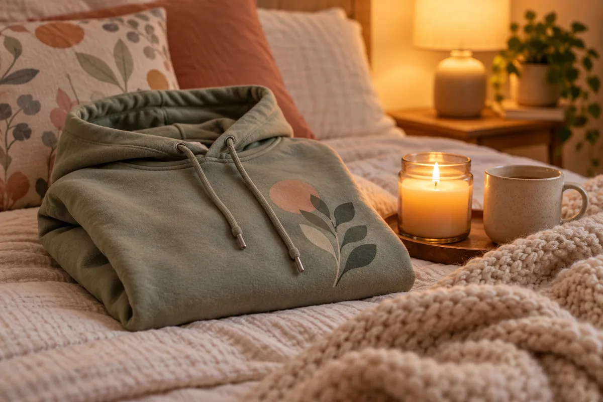 A hooded sweatshirt, a candle and a mug on a bed with a knitted blanket