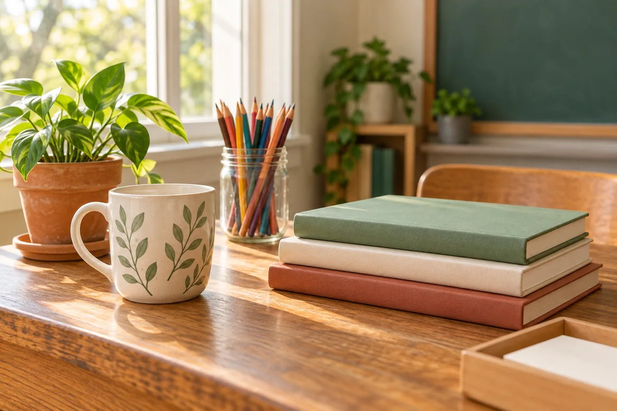 A teacher's desk with a plain mug, a stack of closed notebooks and a small plant