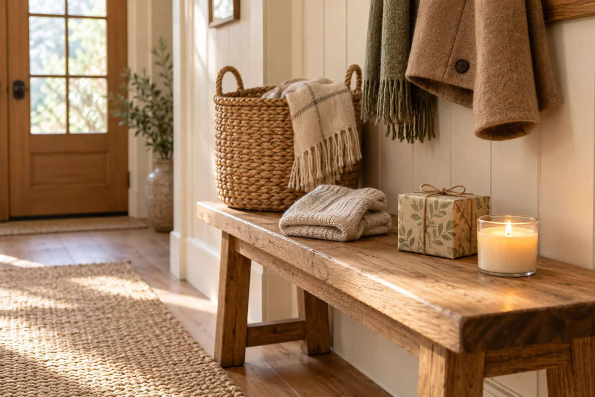 A candle, a pair of socks and a tea box arranged on a hallway bench.