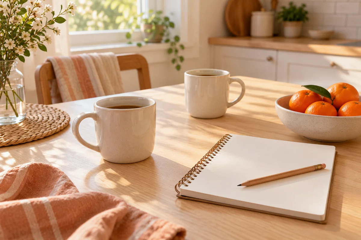Two plain mugs on a kitchen table beside a notepad and pencil.