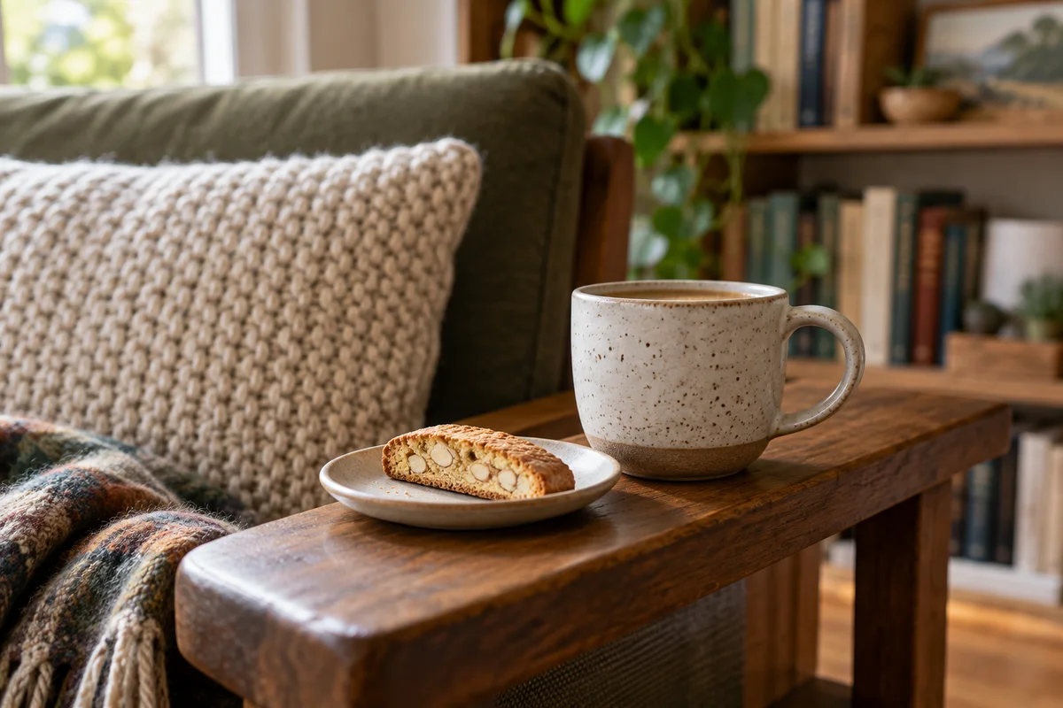 A speckled mug and a small plate with a biscotti beside an armchair arm.