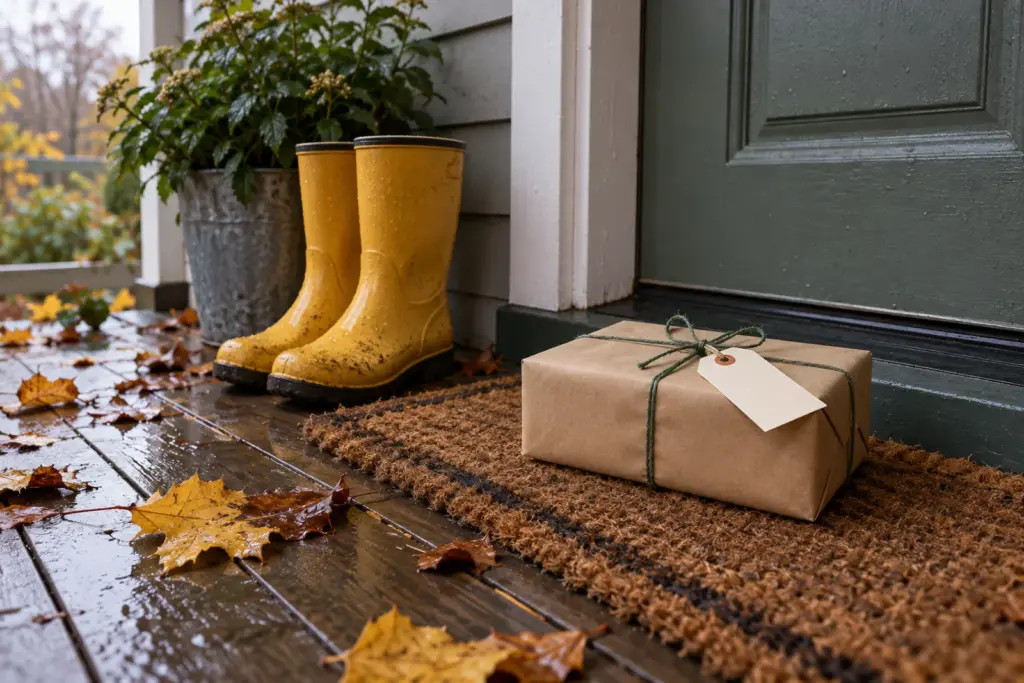 A small gift in brown paper left on a doormat beside a pair of rain boots.