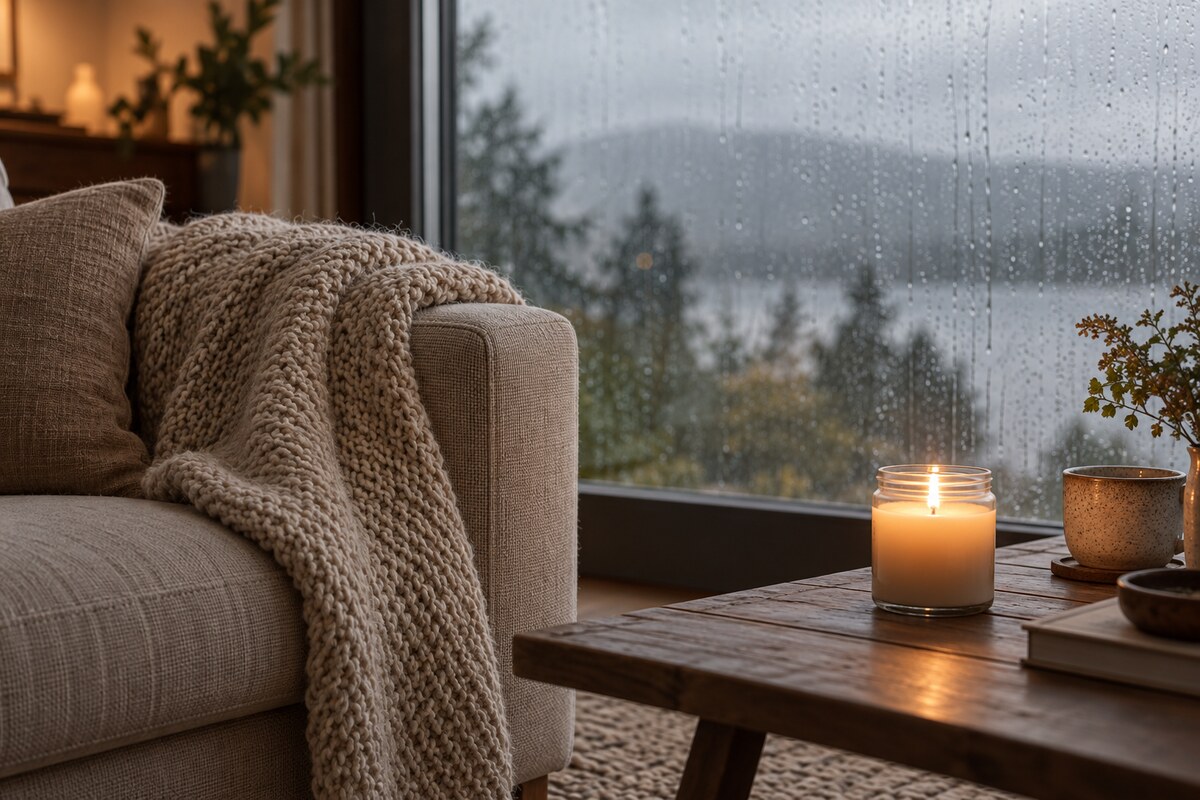 A folded knit throw and a lit candle on a sofa beside a window