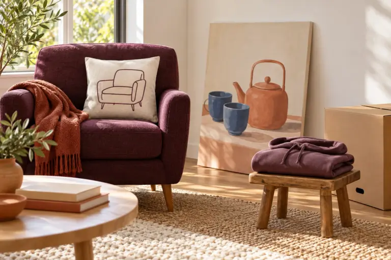 A plum armchair pillow, a kettle canvas print and a folded hoodie in a bright new living room